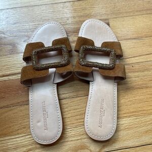 Laurent Eiffel Suede Slide Sandals Brown Buckle Detail Minimalist Size 39